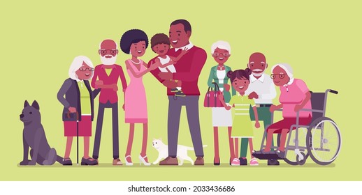 Multigenerational Black Family, Common Household, People Living Together In Support. Four Generation Portrait, Parents, Grandparents, Great-grandparent, Children Together, Pets. Vector Illustration