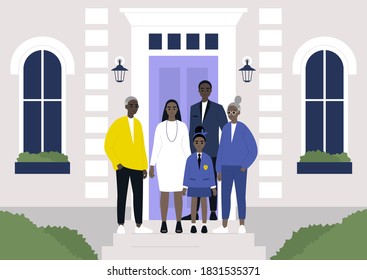 A multi-generational black family standing in front of the building, real estate property