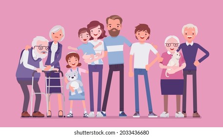 Multigenerational Family, Common Household, Happy Living Together In Support, Care. Three Generation Portrait, Parents, Grandparents, Baby And Adult Children Together, Pet Cat. Vector Illustration