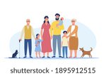 Multigenerational family concept. Big happy family standing together. Grandma, grandpa, mom, dad, children, cat and dog. Group of smiling cartoon characters. Flat cartoon vector illustration.