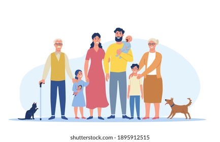 Multigenerational family concept. Big happy family standing together. Grandma, grandpa, mom, dad, children, cat and dog. Group of smiling cartoon characters. Flat cartoon vector illustration.