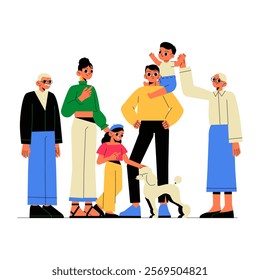 Multigenerational Family With Dog In Flat Vector Illustration Symbolizing Togetherness, Bonding, And Pet Companionship, Isolated On White Background.