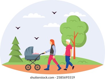 multi-generational family enjoying  walk together concept, changing roles within families shared responsibility of raising children vector design Love romance banner Valentine Day Scene human relation