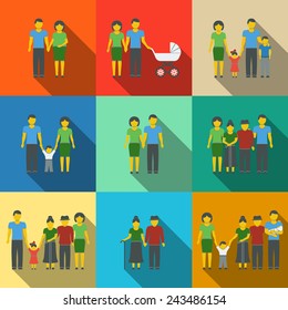 Multigenerational family flat long shadow icons set with all ages family members. Vector