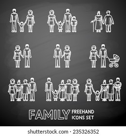 Multigenerational Family Freehand On A Chalk Board Icons Set With All Ages Family Members. Vector