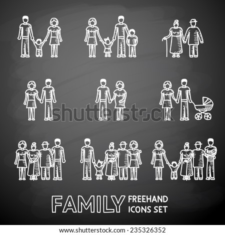 Multigenerational family freehand on a chalk board icons set with all ages family members. Vector