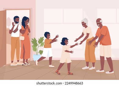 Multigenerational family meeting flat color vector illustration. Siblings visiting grandparents for weekend. Fully editable 2D simple cartoon characters with cozy home interior on background