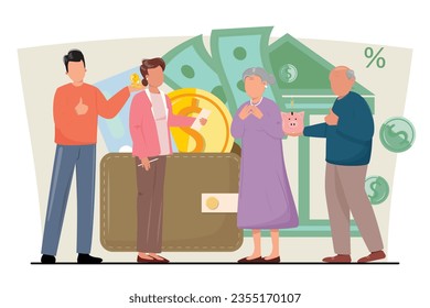 Familia multigeneracional al lado de la cartera, dinero en efectivo y un banco. El concepto de ahorro de dinero.
