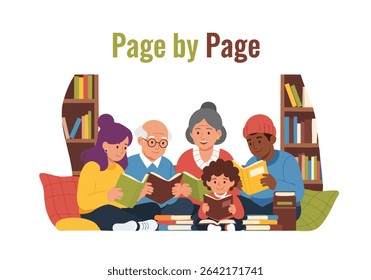 Multigenerational family reading books together at home