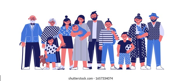 a multi-generational family together, young parents with children, grandparents and grandchildren on a white background, a large happy family, vector illustration of a flat cartoon.