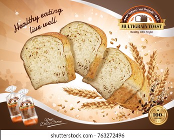 Multi-grain toast ads, healthy and natural sliced toast floating in the air with grains, 3d illustration