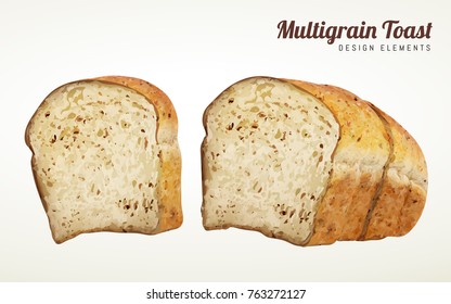 Multi-grain toast design elements, sliced toast in 3d illustration isolated on beige background