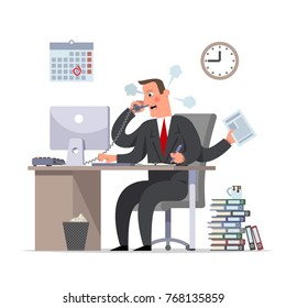 Multihanded businessman or the clerk is doing urgent work, the deadline is approaching.  Flat style cartoon character vector illustration.
