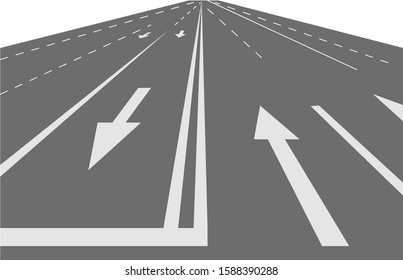 Multi-lane highway road with a white dividing strip and direction arrows.