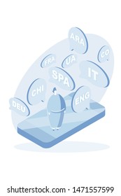Multi-language translator concept illustration. Online translator in mobile phone or another device. Translate foreign language fast and easy. Global wireless technology. Flat vector illustration