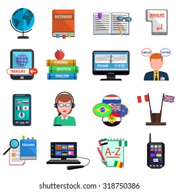 Multilanguage translator and interpreter flat style colorful icons set isolated vector illustration