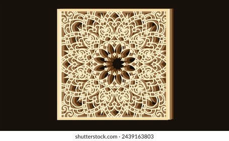 Multilayer 3d brown wooden mandala shadowbox illustration.