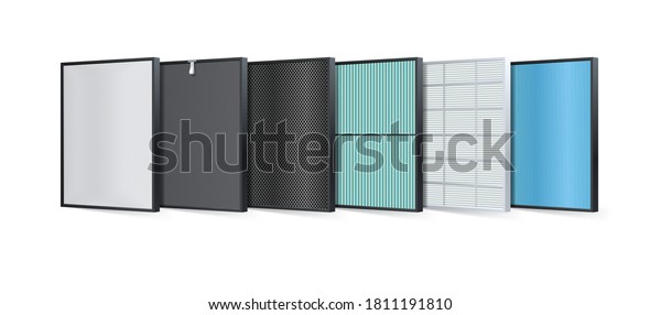 Multi-layer air filter consists of multiple filter\
layers. Aluminum filter, Coarse fibers, carbon layers, protecting\
against PM2.5, HEPA filter, fabric layers, air purification layer,\
ionizer. Vector