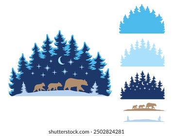 Multilayer Bear Family in Snowy Woods, Christmas Scene, Hand Drawn Vector Illustration