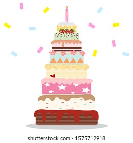 Multi-layer cake decorated with cream-colored and embroidered Strawberry candles on a white background.