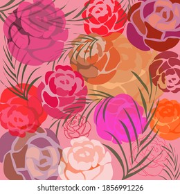 Patrón floral multicapa con flores de color y ramas sobre fondo rosa