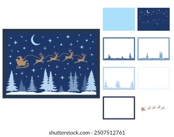Multilayer Flying Santa, Christmas Night, Hand Drawn Vector Illustration