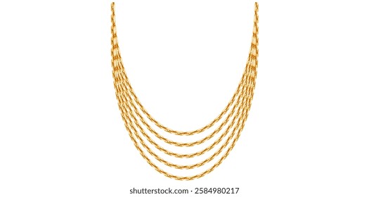 Multilayer Gold Chain Necklace On White Background, Unique Fine Jewelry Vector Illustration.	