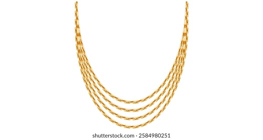 Multilayer Gold Chain Necklace On White Background, Unique Fine Jewelry Vector Illustration.	