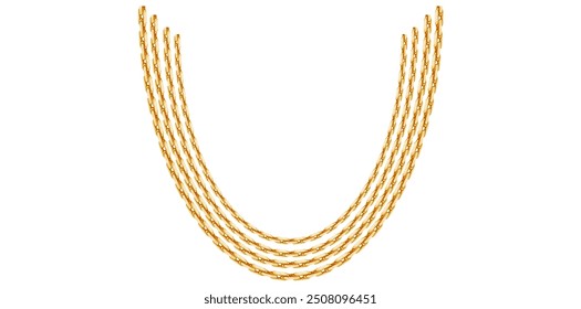 Multilayer Gold Chains On White Background, Fashion Jewelry Neck Design Vector Illustration.	