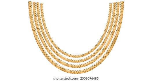 Multilayer Gold Chains On White Background, Fashion Jewelry Neck Design Vector Illustration.	