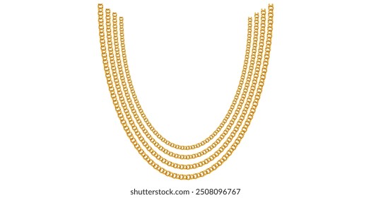 Multilayer Gold Chains On White Background, Fashion Jewelry Neck Design Vector Illustration.	