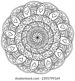 Multilayer mandala with hearts, meditative doodle coloring book for Valentine's Day vector illustration