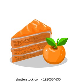 Multi-layer orange cake topped with orange jam.There was one orange on the side.Vector illustration isolated on white background.Homemade bakery concept for birthday cake or valentine dessert.