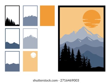 Ilustración vectorial de corte de papel multicapa de un paisaje montañoso con siluetas de pinar