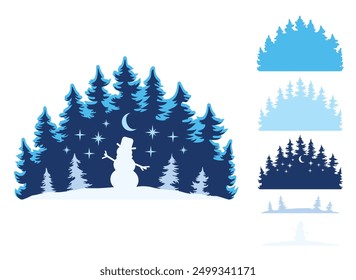 Multilayer Snowman in Snowy Forest, Christmas Night, Hand Drawn Vector Illustration