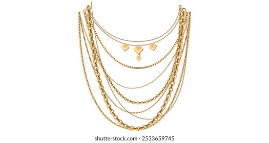 Moda multicamada elegante brilhante ouro cadeias colar ilustração vetor.	