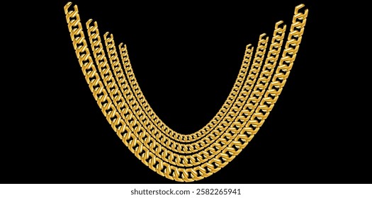 Multilayer Trendy Gold Chains Necklace On Black Background, Unique Fine Jewelry Vector Illustration.	