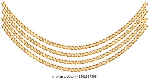 Multilayer Trendy Gold Chains Necklace On White Background, Unique Fine Jewelry Vector Illustration.	