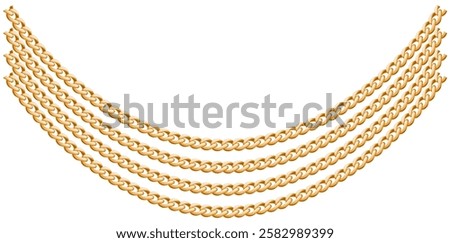 Multilayer Trendy Gold Chains Necklace On White Background, Unique Fine Jewelry Vector Illustration.	