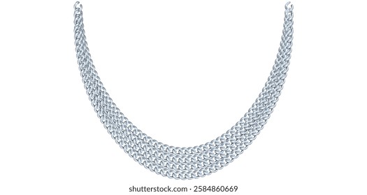 Multilayer Trendy Silver Chain Necklace On White Background, Unique Fine Jewelry Vector Illustration.	