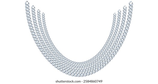 Multilayer Trendy Silver Chain Necklace On White Background, Unique Fine Jewelry Vector Illustration.	