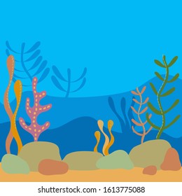 Multilayer Underwater world, landscape with seaweed. the silhouette of the plants in a flat cartoon style. Hand-drawn vector illustration for the background, scenery of your project. place for text