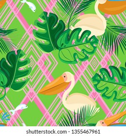 Multi-layer vector seamless pattern. Pattern of pink rhombuses, green tropical leaves and pelicans. Bright green background