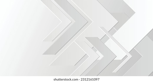 Multi-layer white arrowhead-shaped cut-out paper. Gray gradient abstract background. Design element for template, card, cover, banner, poster, backdrop, wall. Vector illustration.