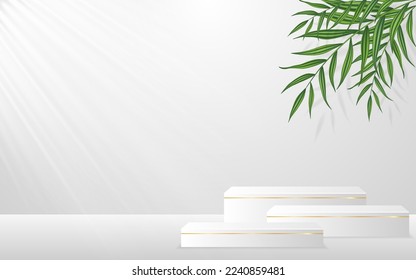 Multilayer white podium with green leaf on the back for product presentation. Cosmetic product display. vector illustration