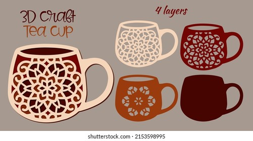 Multi-layered 3D craft of four layers Mug for sai with oriental pattern