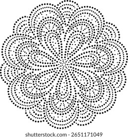 Ilustração Floral Plana Abstrata Multicamadas. Elemento Central Múltiplo Preto Pontilhado Pétalas. Projeto Madala Floral. Modelo moderno para tecido, bordados, almofada, cartão, tampa, tapete, cortina etc.