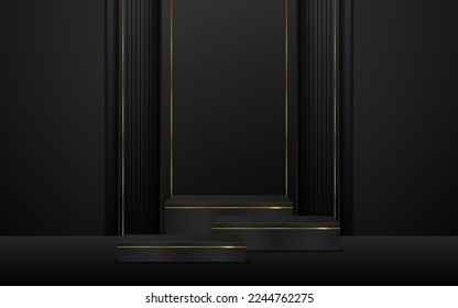 Mehrschichtiges schwarzes Podium mit eleganten goldenen Linien auf der Rückseite zur Produktpräsentation. Kosmetische Produktanzeige. Vektorgrafik	