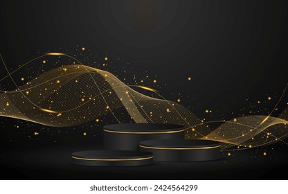 Multi-layered black podium with elegant gold wave lines on the back for advertisement display. Display of cosmetic products. Stage or podium. vector illustration	