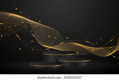 Podio negro multicapa con elegantes líneas de ondas doradas en la parte posterior para la visualización de anuncios. Exposición de productos cosméticos. Escenario o podio. ilustración vectorial	